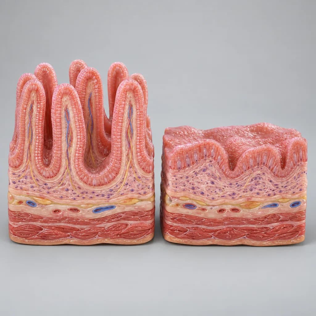 Two cut-away models of the small-intestine lining side by side: one with tall finger-like villi, one with them flattened