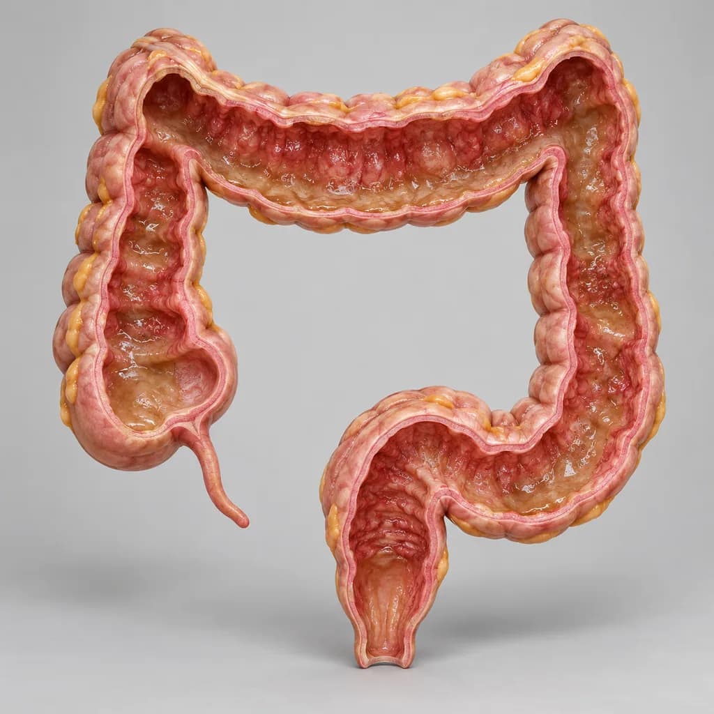 Cut-away model of the colon with thin, loose contents and an irritated inner lining
