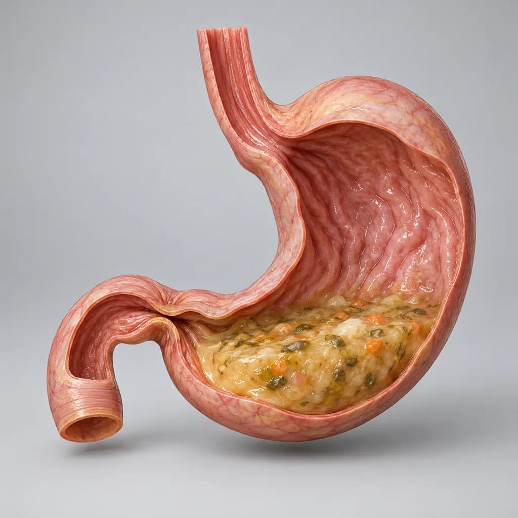 Cut-away model of the stomach with food still sitting in the lower portion and a slack wall