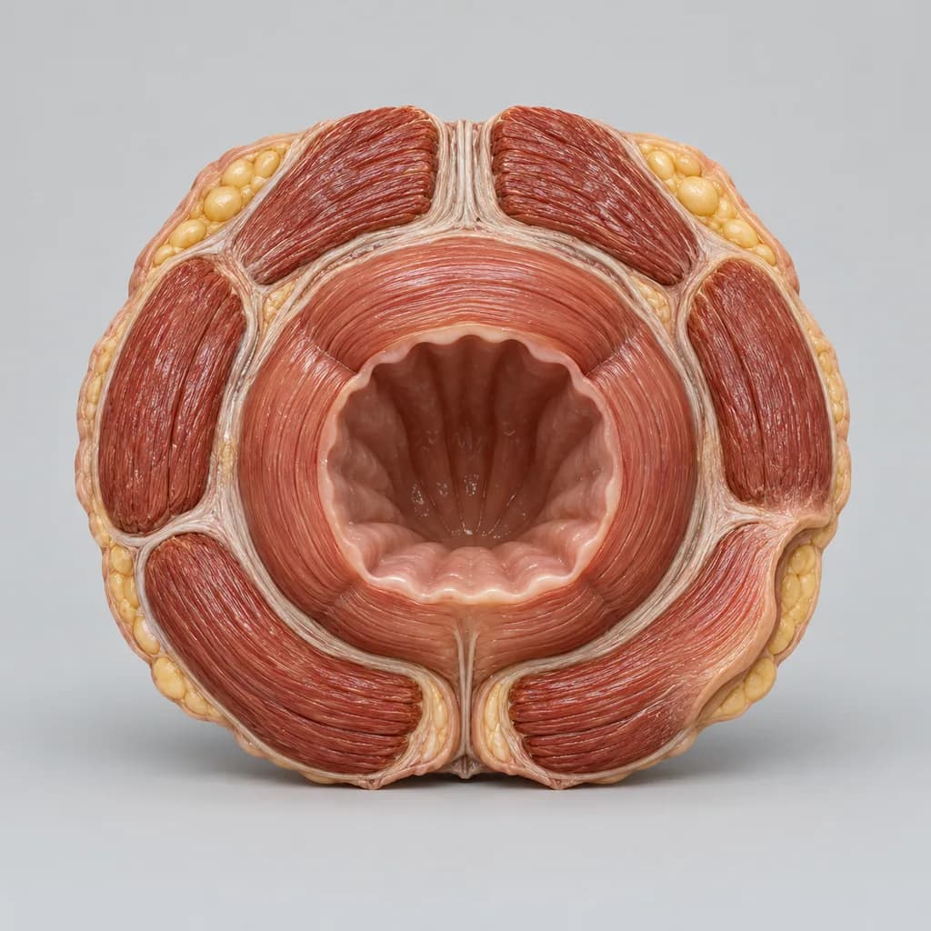 Cut-away model of the anal sphincter muscles, the inner and outer rings visible