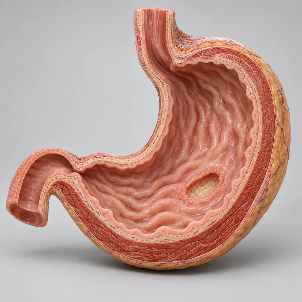 Cut-away model of the stomach with one shallow, clean-edged crater in the lining