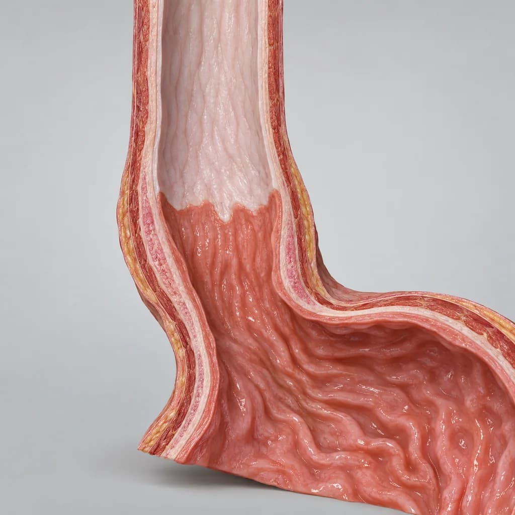 Cut-away model of the lower esophagus where the pale lining gives way to a salmon-pink segment of a different texture