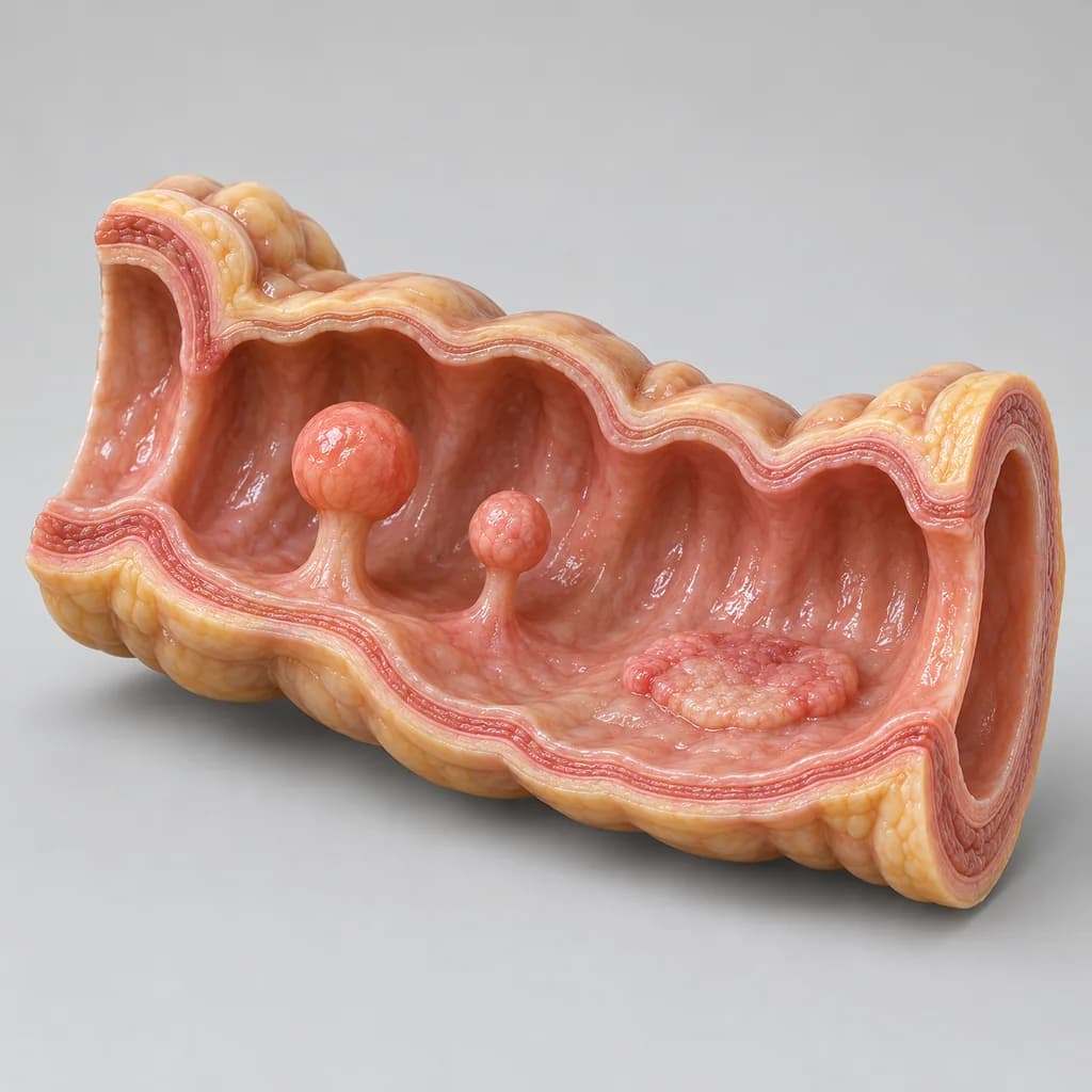 Cut-away model of the colon wall with two small polyps on stalks and one flat raised area on the lining