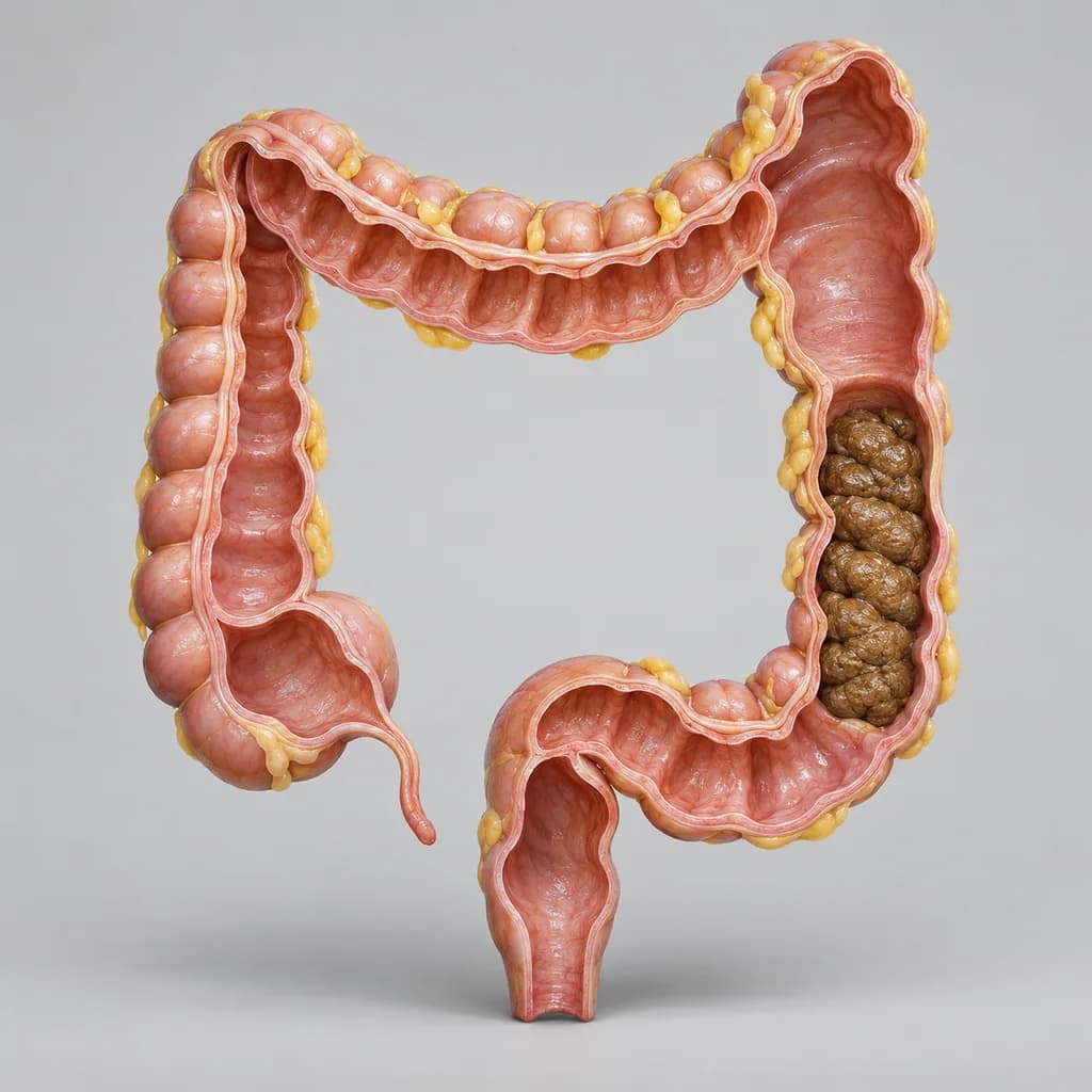 Cut-away model of the colon with firm, compacted contents in the descending portion