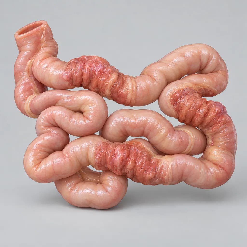 Model of the small intestine with thickened, inflamed stretches separated by healthy ones