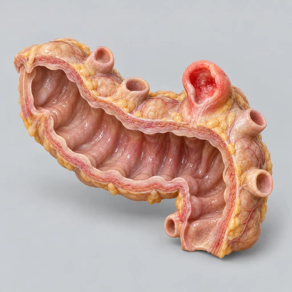 Cut-away model of the colon wall with several small pouches bulging outward, one of them thickened and inflamed