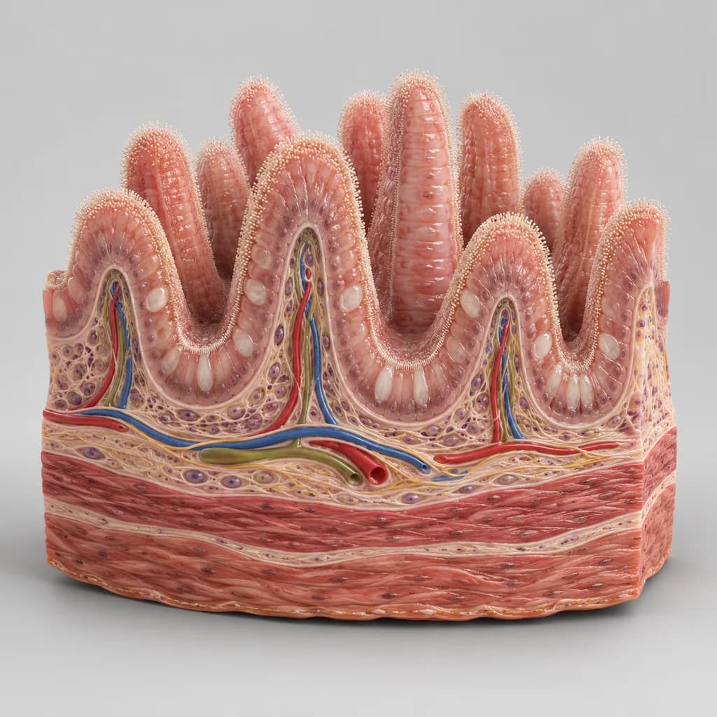 Cut-away model of the small-intestine lining showing its surface in detail