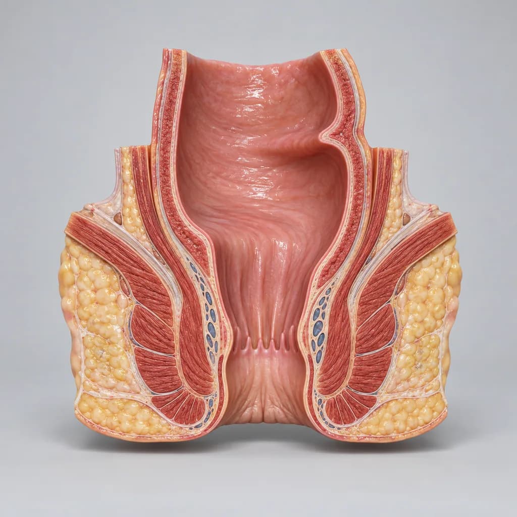 Cut-away model of the lower rectum and anal canal with the lining intact