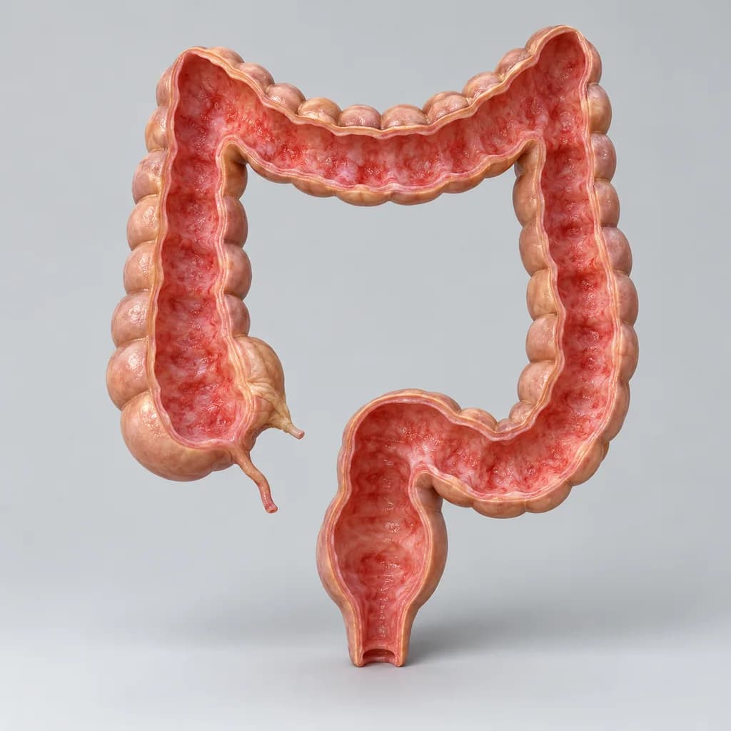 Cut-away model of the colon with continuous inflammation of the inner lining running up from the rectum