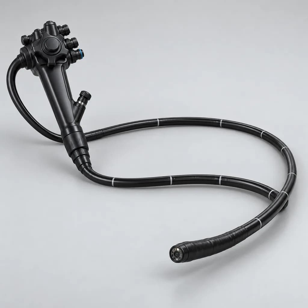 A modern flexible colonoscope coiled loosely, its control head and slim shaft visible