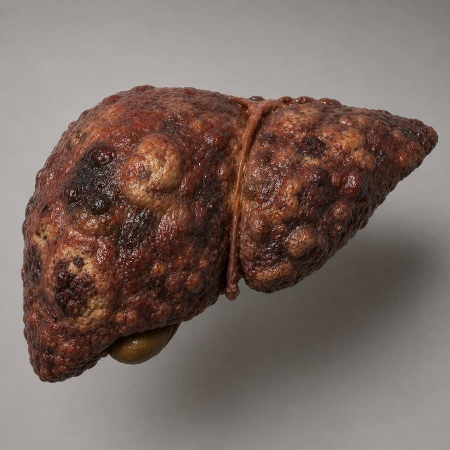 A liver shrunken and heavily scarred by cirrhosis